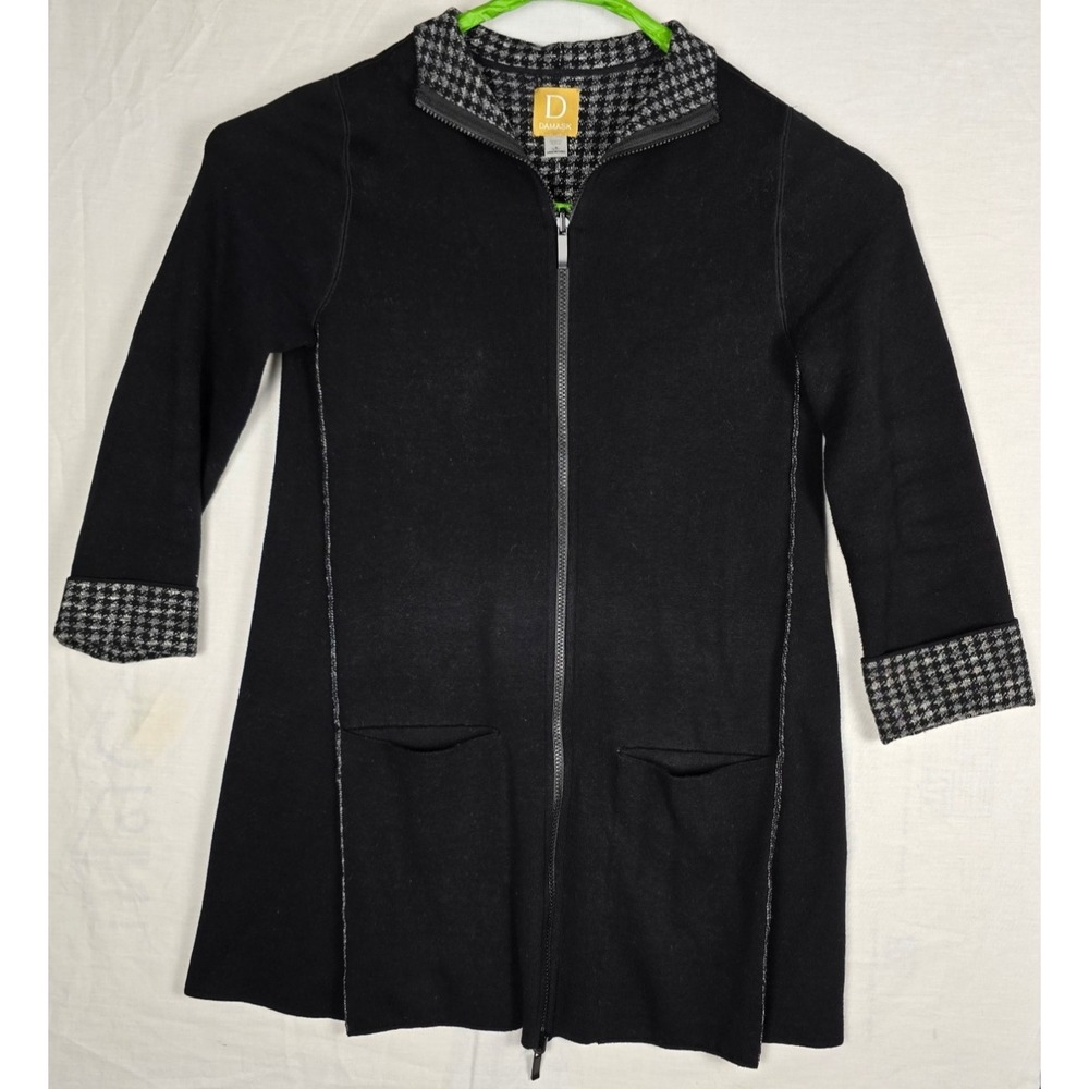 Damask Women's Jacket M Black Zip Up Long Coat‎ Houndstooth Collar Cuffs Cotton